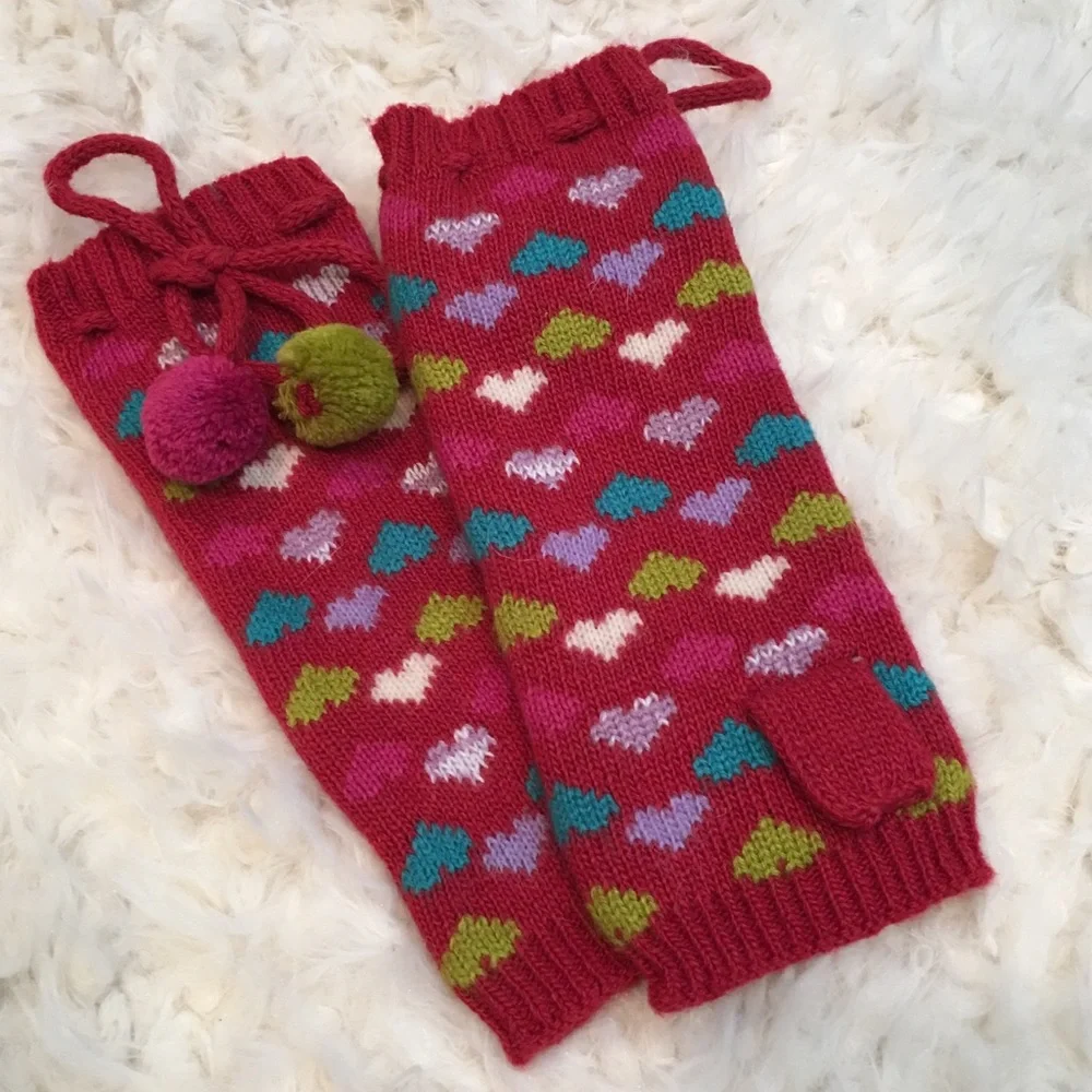 Burgundy Knit Wool Angora Fingerless Gloves Pom Pom Ties Multi Color‎ Hearts New
